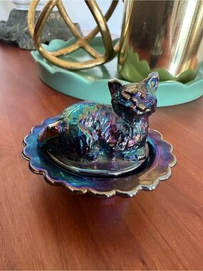 Very Rare Oil Slick Cat on Nest Mosser Glass Salt Cellar